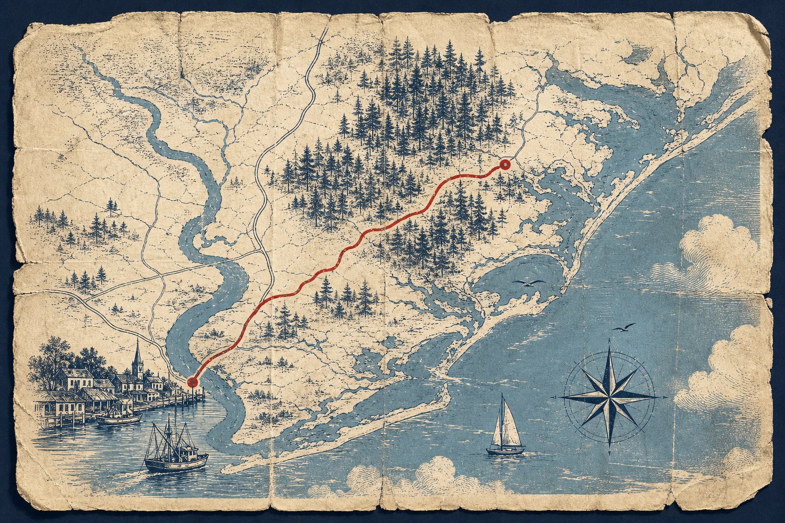 Illustrated coastal road map from a river town to the North Carolina coast