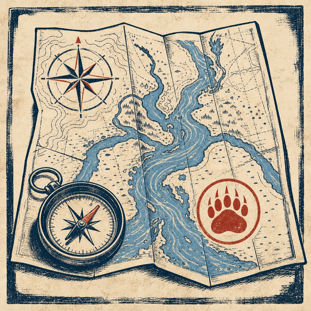 Illustrated coastal map and compass for New Bern Guides