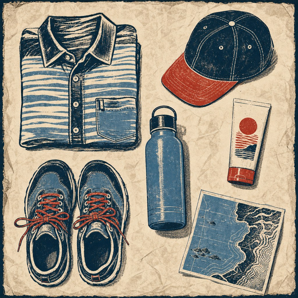 Illustrated packing kit for a coastal weekend