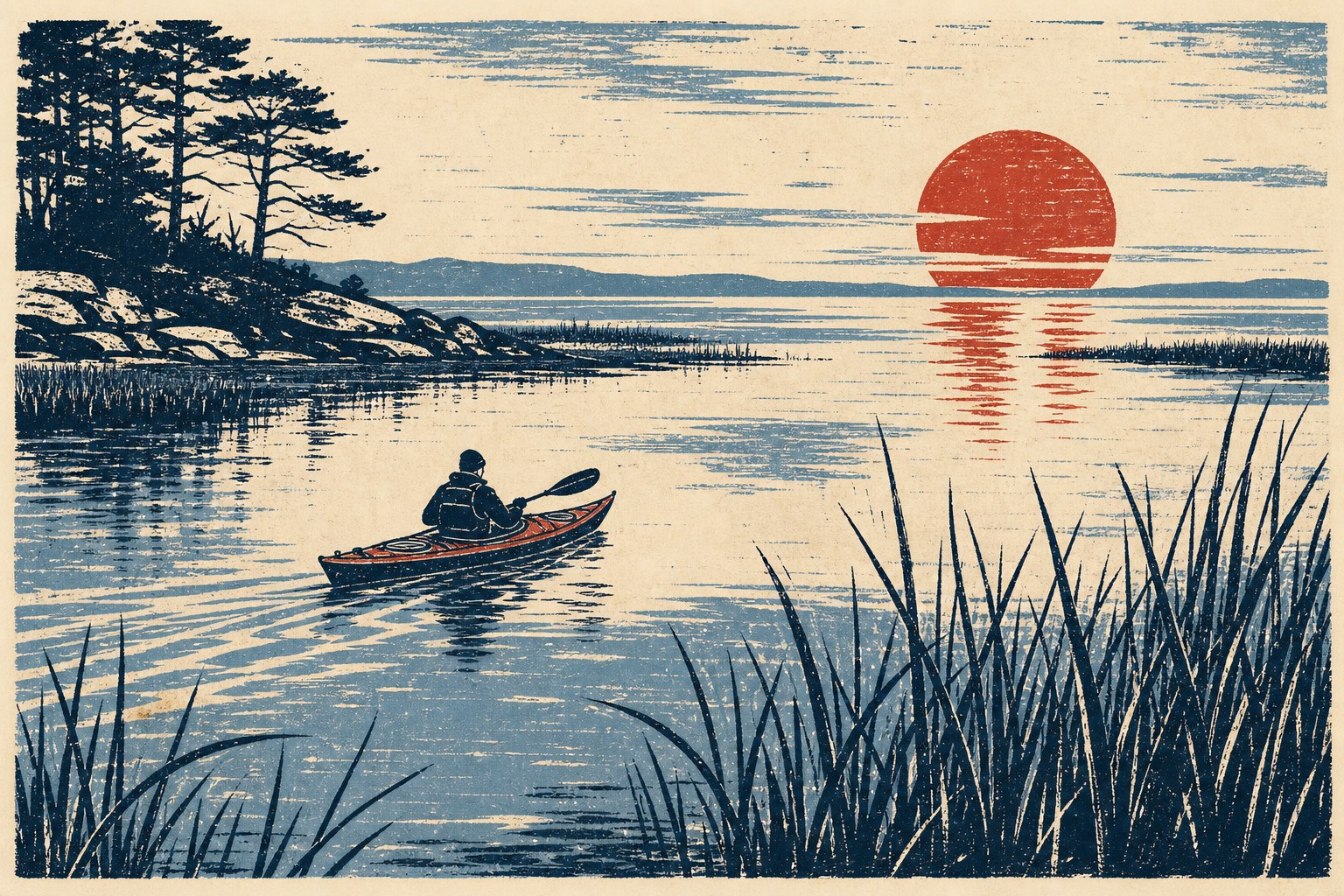 Illustrated kayaker on calm coastal water