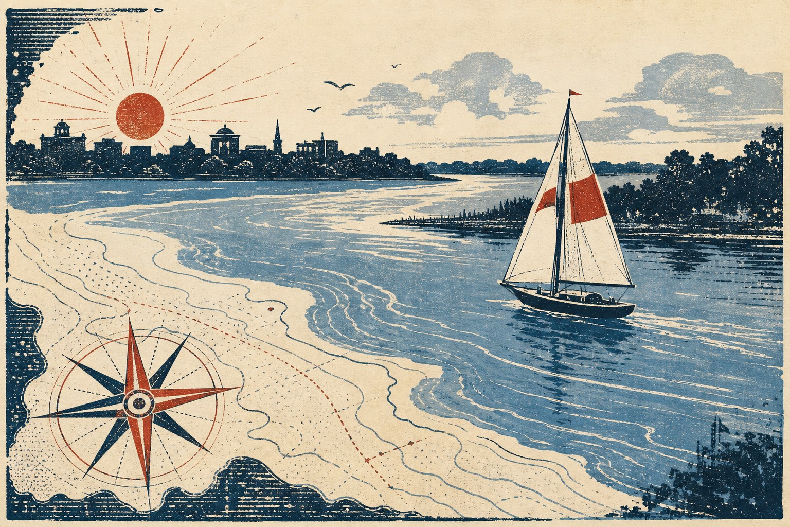 Illustrated sailboat and waterfront scene for a New Bern weekend