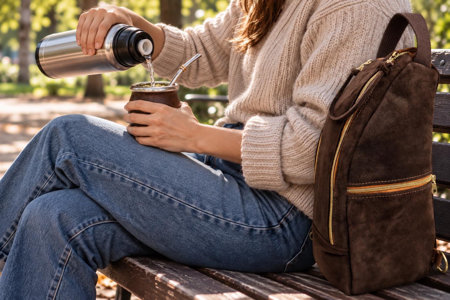 A person pouring water from a thermos into a mate gourd beside a handmade suede mate backpack