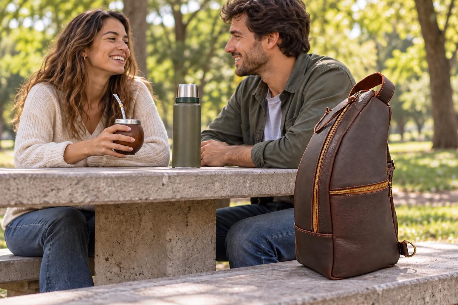 Two people sharing yerba mate outdoors beside a handmade mate backpack