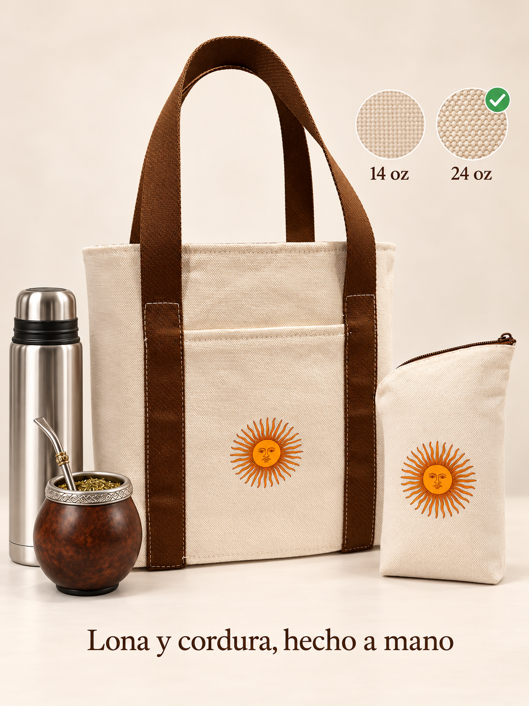 Cream canvas mate bag and matching yerbera with Sun of May emblems, beside a thermos and mate gourd