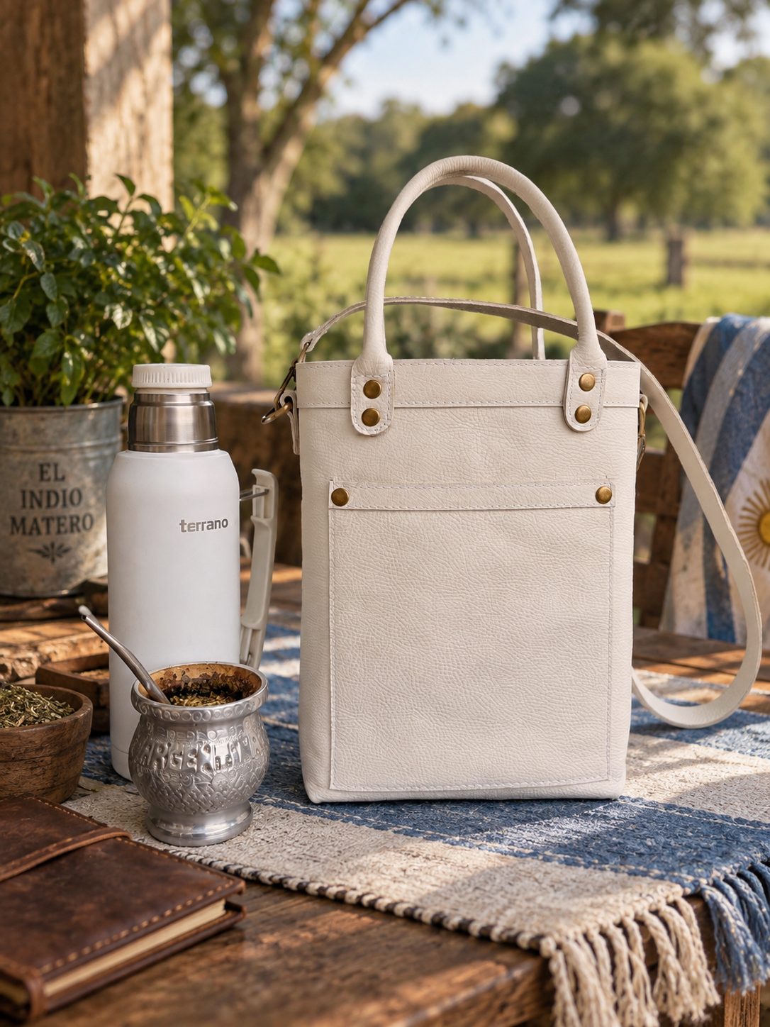 Handmade white leather mate tote beside a thermos and mate on a sunlit table