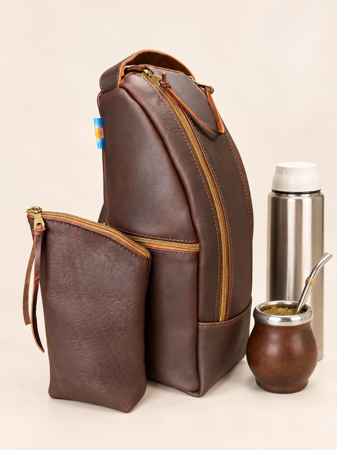 Handmade mate backpack with a thermos and mate gourd ready for a daily ritual