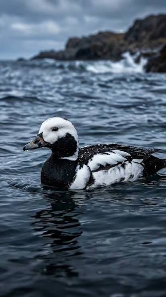 A black-and-white duck swimming in the ocean