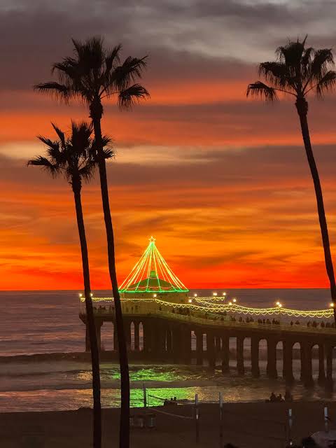 A Christmas tree of lights on the pier at sunset