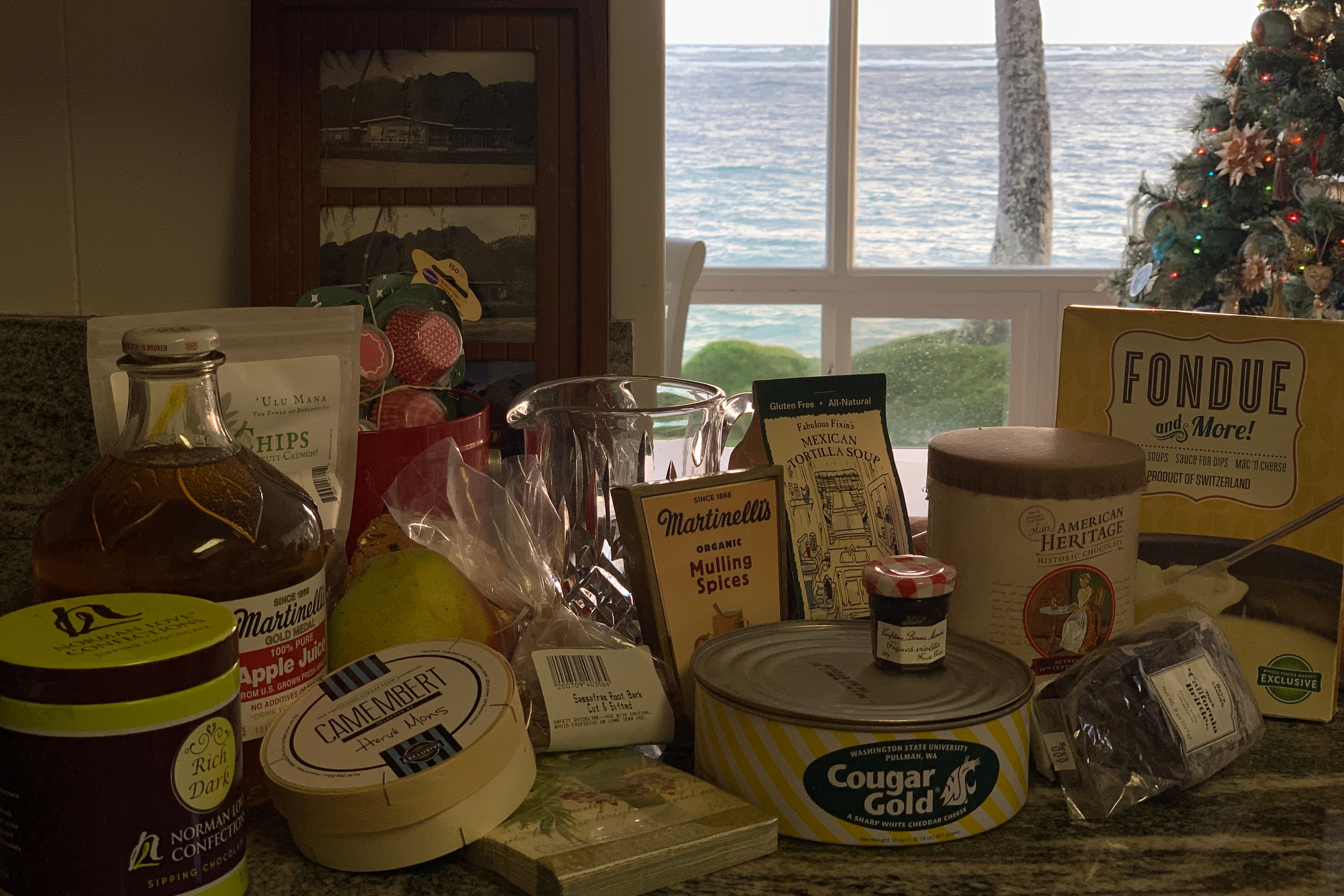Holiday food spread beside the ocean