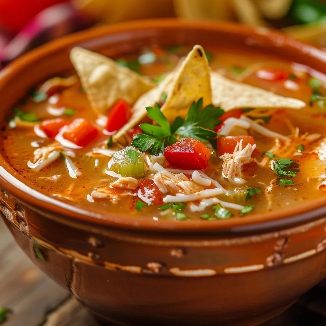 Bowl of tortilla soup with vegetables and tortilla chips