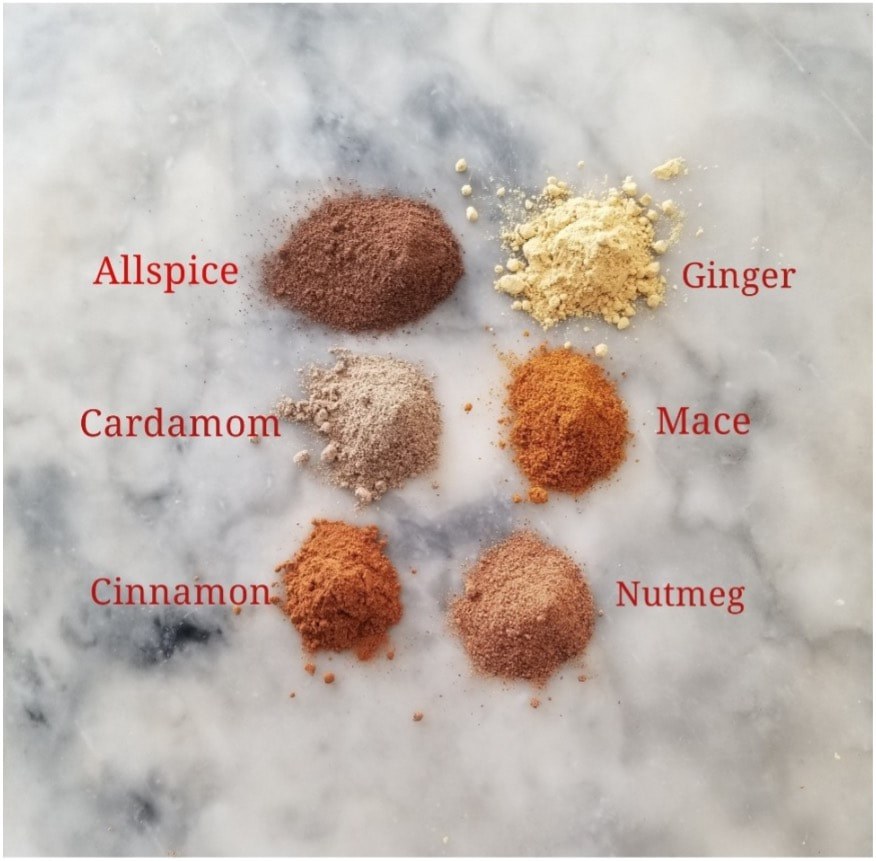 Various labeled spices arranged on a marble surface.
