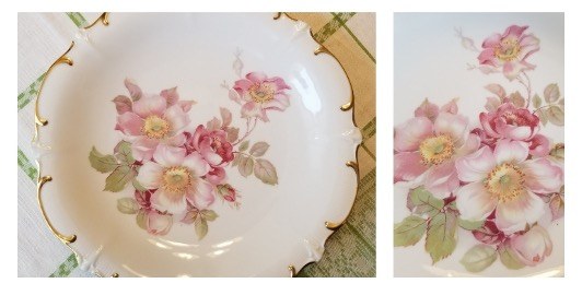 Floral-patterned decorative plate with pink flowers.