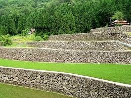 Terraced hillside with stone retaining walls and lush greenery.