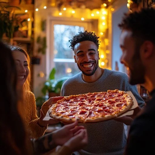 Friends happily sharing a large pepperoni pizza at a cozy gathering.