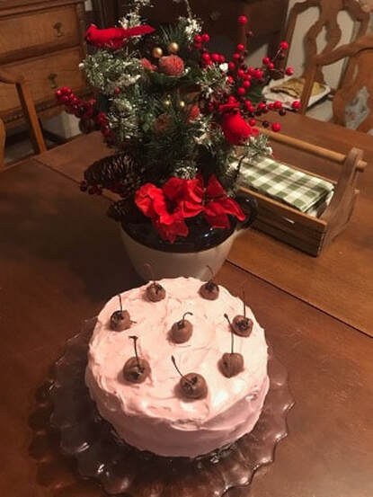 Pink frosted cake with cherries on top beside a festive poinsettia plant.