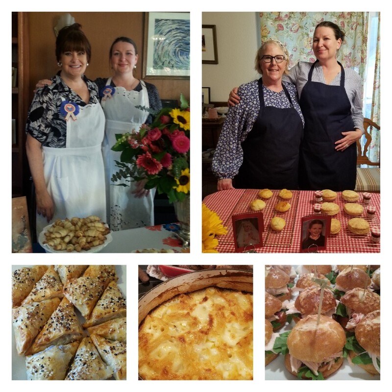 Women baking and preparing various homemade dishes and baked goods.