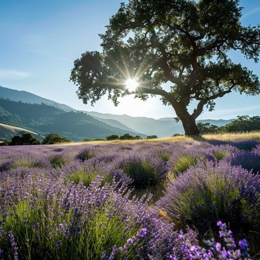 A tree stands alone in a blooming lavender field under sunlight.
