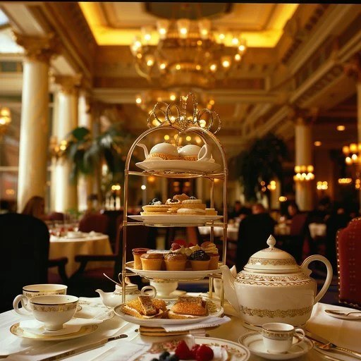 Elegant high tea setting with tiered pastries and fine china in a luxurious room.