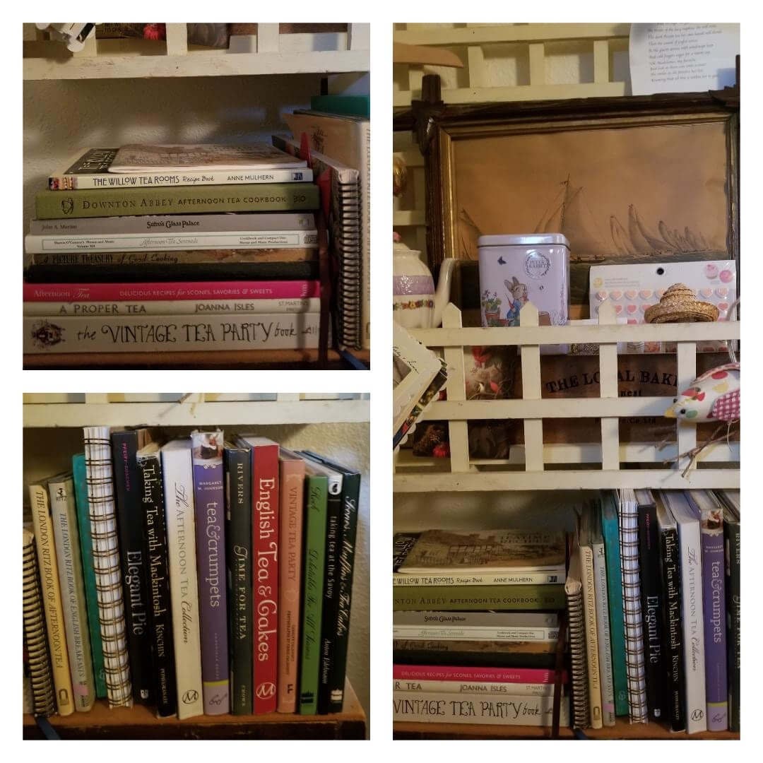 Four photos of bookshelves filled with books and decorative items.