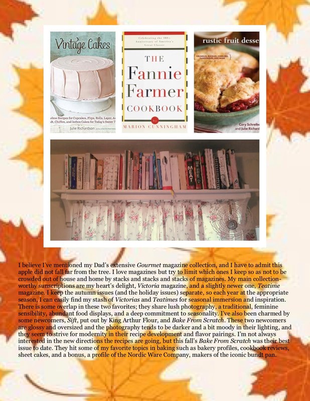 A cozy display of fabric books and sewing materials with autumn leaves.