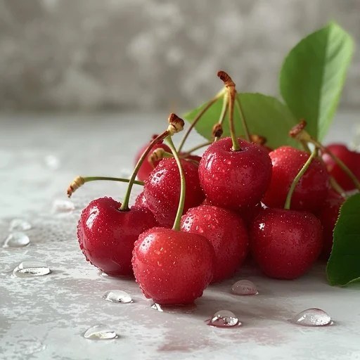 Fresh red cherries with green leaves on a textured surface.