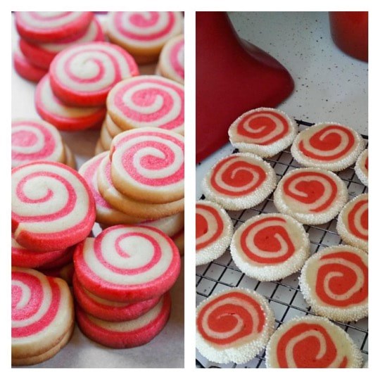 Swirled pink and red spiral cookies on trays.
