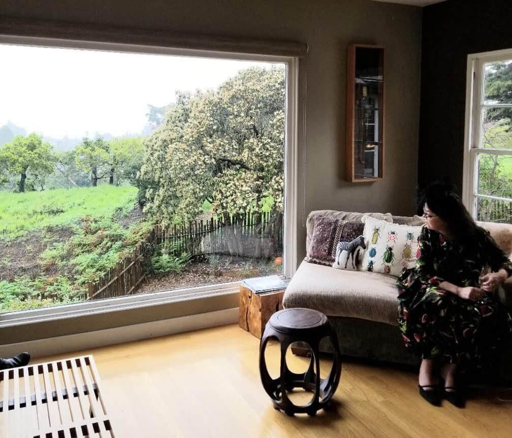 Cozy living room with a large window overlooking lush greenery.