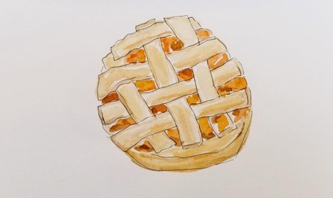 A watercolor painting of a lattice-top pie with orange filling.
