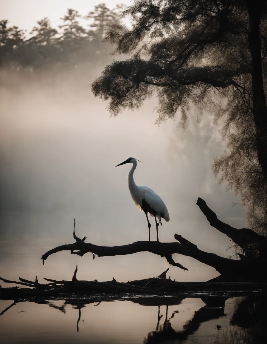 A heron perched on a branch in misty, tranquil waters.
