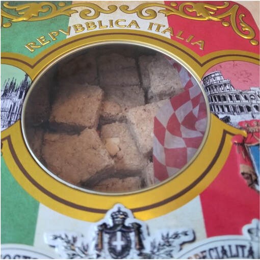 A box of Italian biscotti cookies with colorful packaging.
