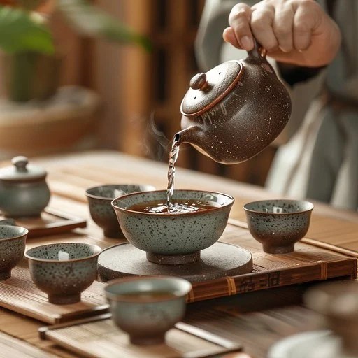 Traditional tea pouring into a ceramic cup with matching teacups.