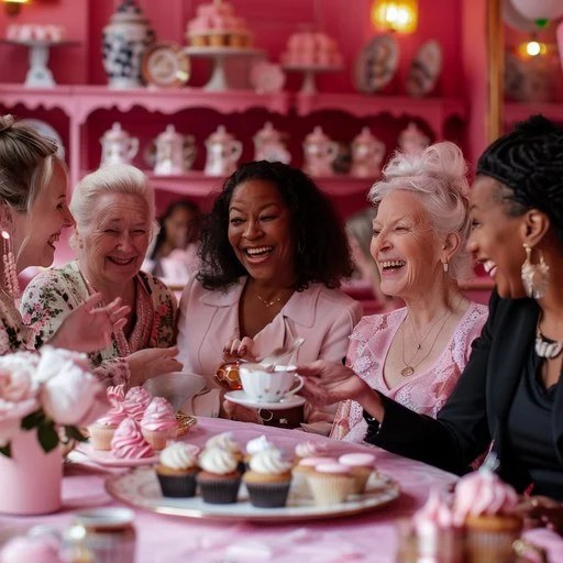 A joyful group of women enjoying tea and cupcakes in a pink-themed room.