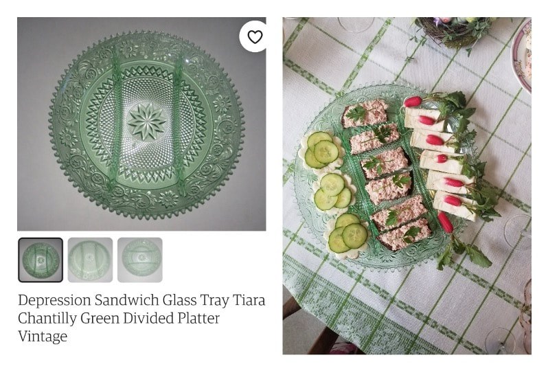 Green divided glass plate with sandwich and cucumber slices.