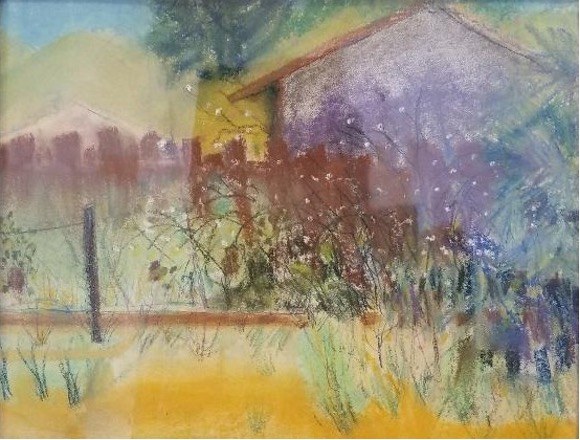 Colorful landscape with houses and foliage.