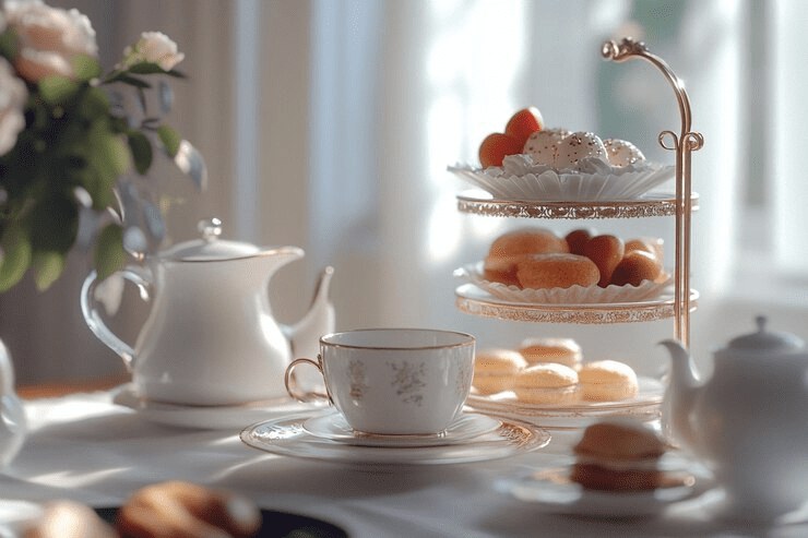 Elegant tea setting with delicate china and pastries.