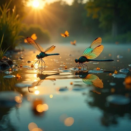 Dragonflies flying above a reflective water surface at sunset.