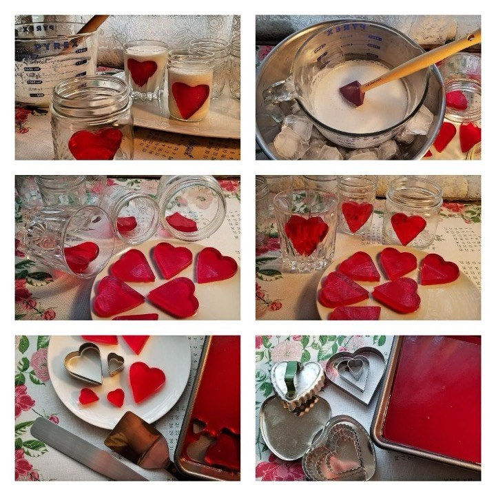 Heart-shaped jelly in glass jars preparation.