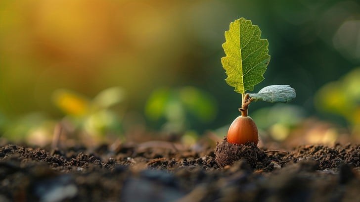 A small seedling sprouting from soil with a single green leaf.