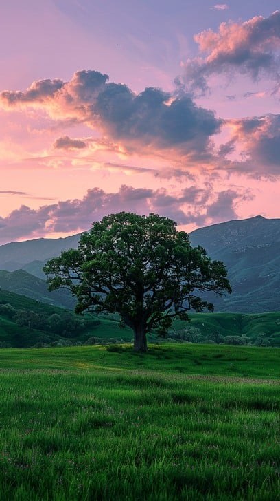 A lone tree stands against a vibrant sunset sky in a mountainous landscape.
