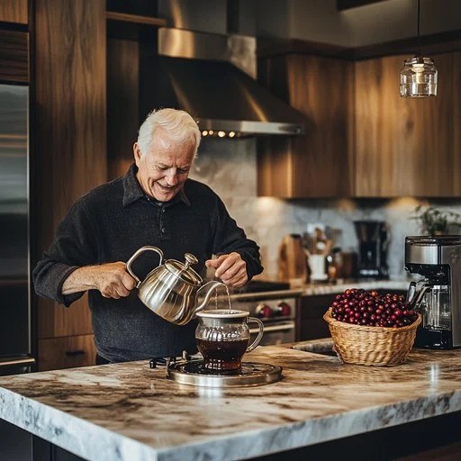 Older man happily making coffee in a cozy kitchen.