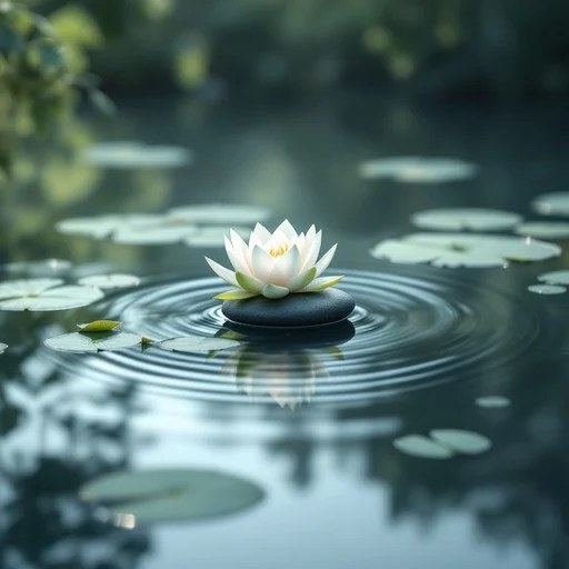 A white water lily floating peacefully on a pond.