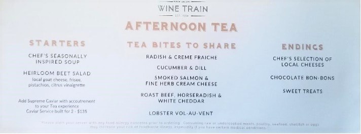 Menu for afternoon tea with various bites to share.