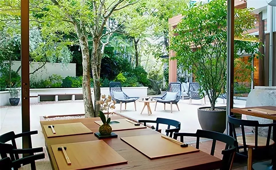A bright, modern outdoor seating area with trees and tables.