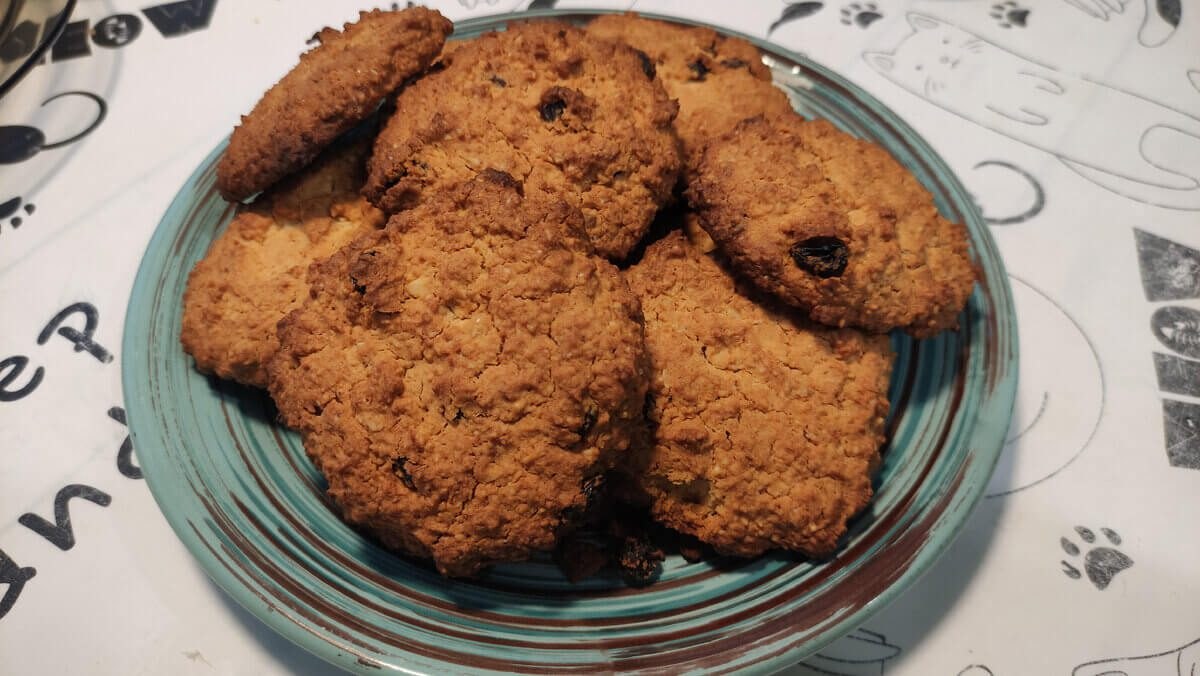 A plate of freshly baked oatmeal cookies with raisins.