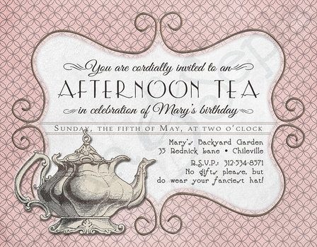 Elegant afternoon tea invitation with vintage teapot and floral design.