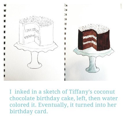 A sketch and finished painting of a coconut chocolate birthday cake.