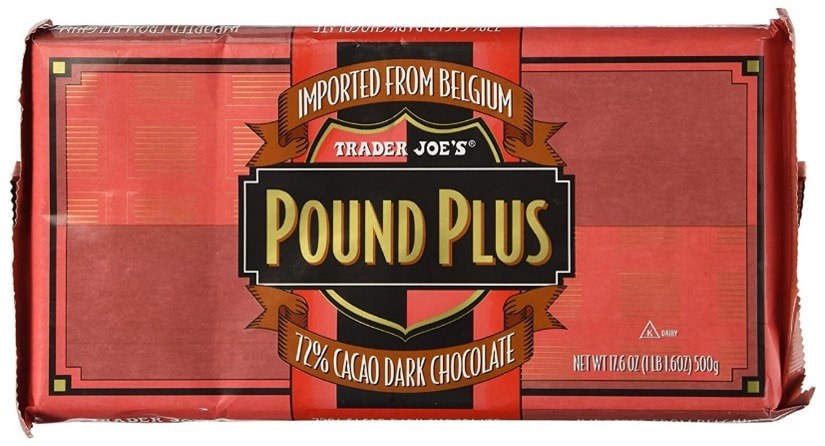 Trader Joe's Pound Plus 72% dark chocolate imported from Belgium.