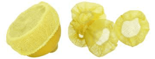 Yellow dish scrubbers with mesh material and a sponge base.