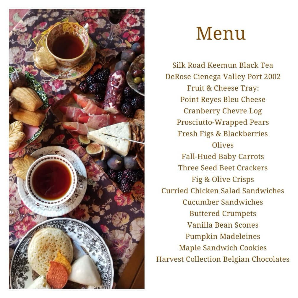 Elegant menu with tea and sweets on a rustic table setting.