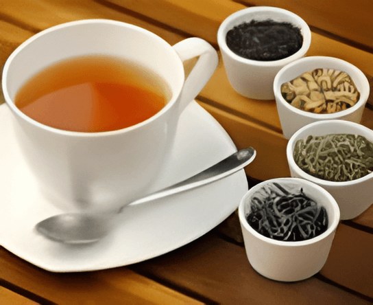 A cup of tea with various loose leaf teas in small bowls.